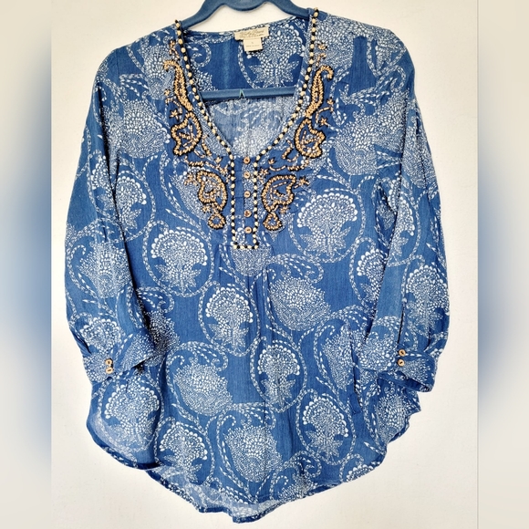 Lucky Brand Women's Boho Blouse Cotton/Rayon Beaded Blue/White Small - Picture 2 of 16